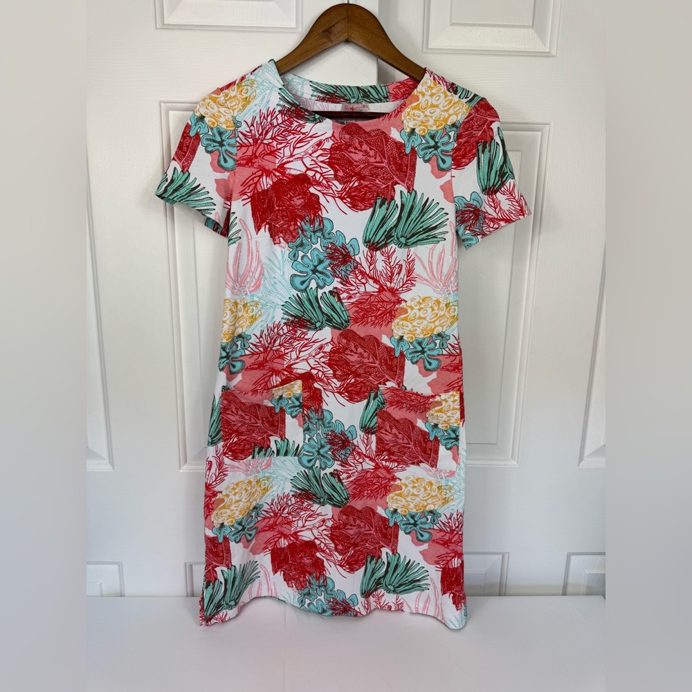 Persifor Carter Coral Reef Print‎ White Yellow Green Short Sleeve Dress Pockets